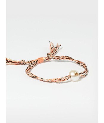 BRACELET SCARLETT PERLE ET GRENAT, CORDON ROSE PALE en linge