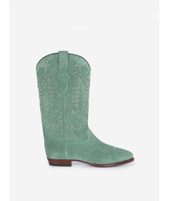 BOTTES SANTIAG STUDS EN SUEDE VERT MENTHE brillant des détails fins