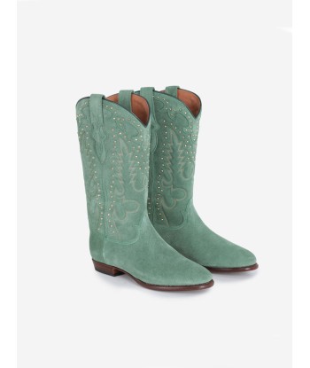 BOTTES SANTIAG STUDS EN SUEDE VERT MENTHE brillant des détails fins