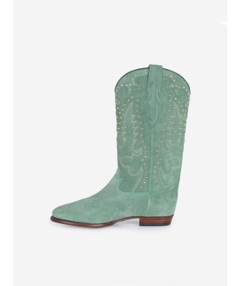 BOTTES SANTIAG STUDS EN SUEDE VERT MENTHE brillant des détails fins