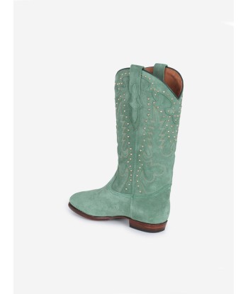 BOTTES SANTIAG STUDS EN SUEDE VERT MENTHE brillant des détails fins