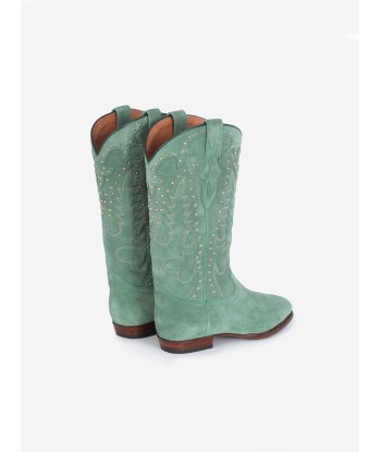 BOTTES SANTIAG STUDS EN SUEDE VERT MENTHE brillant des détails fins